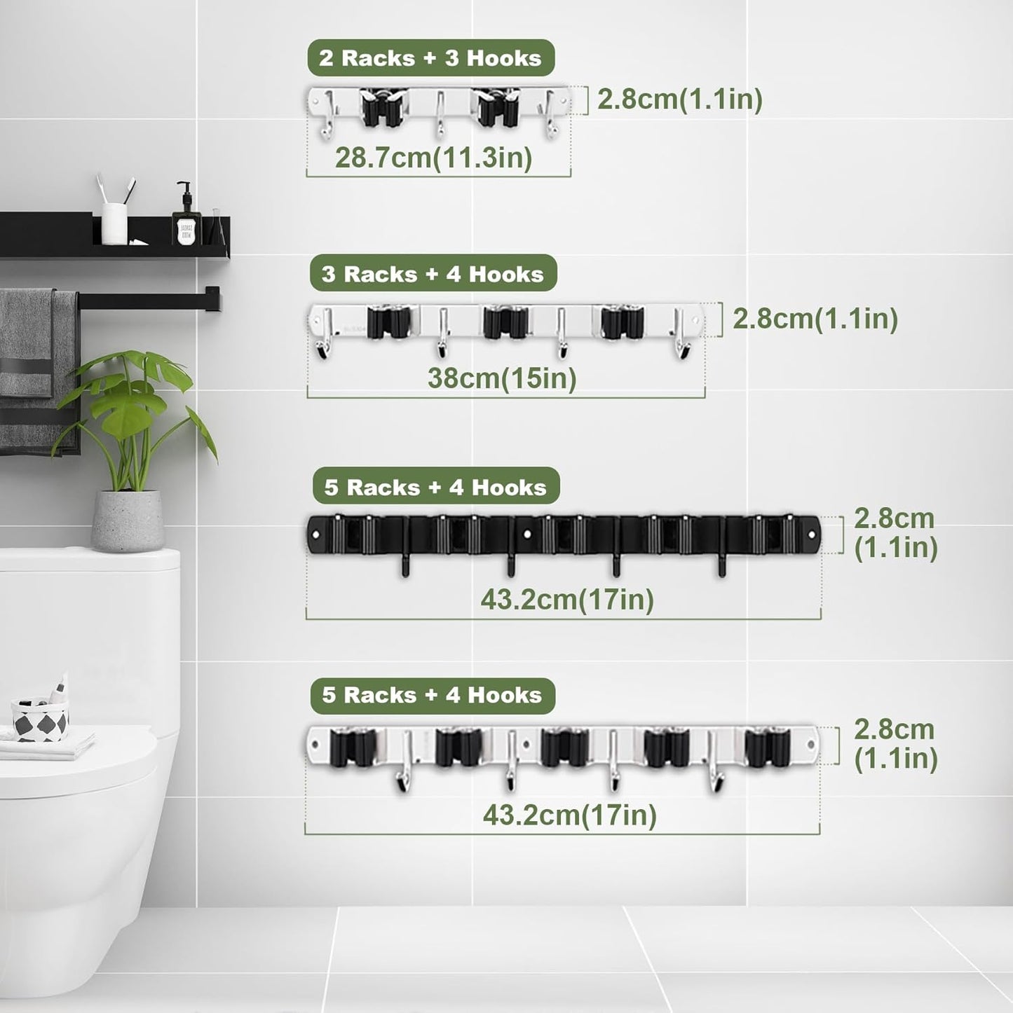 5 Holders+4 Hooks Broom Holder Wall Mounted with Nails Installation, Heavy Duty Stainless Steel Mop Holder, Brush Mop and Broom Storage Self Adhesive