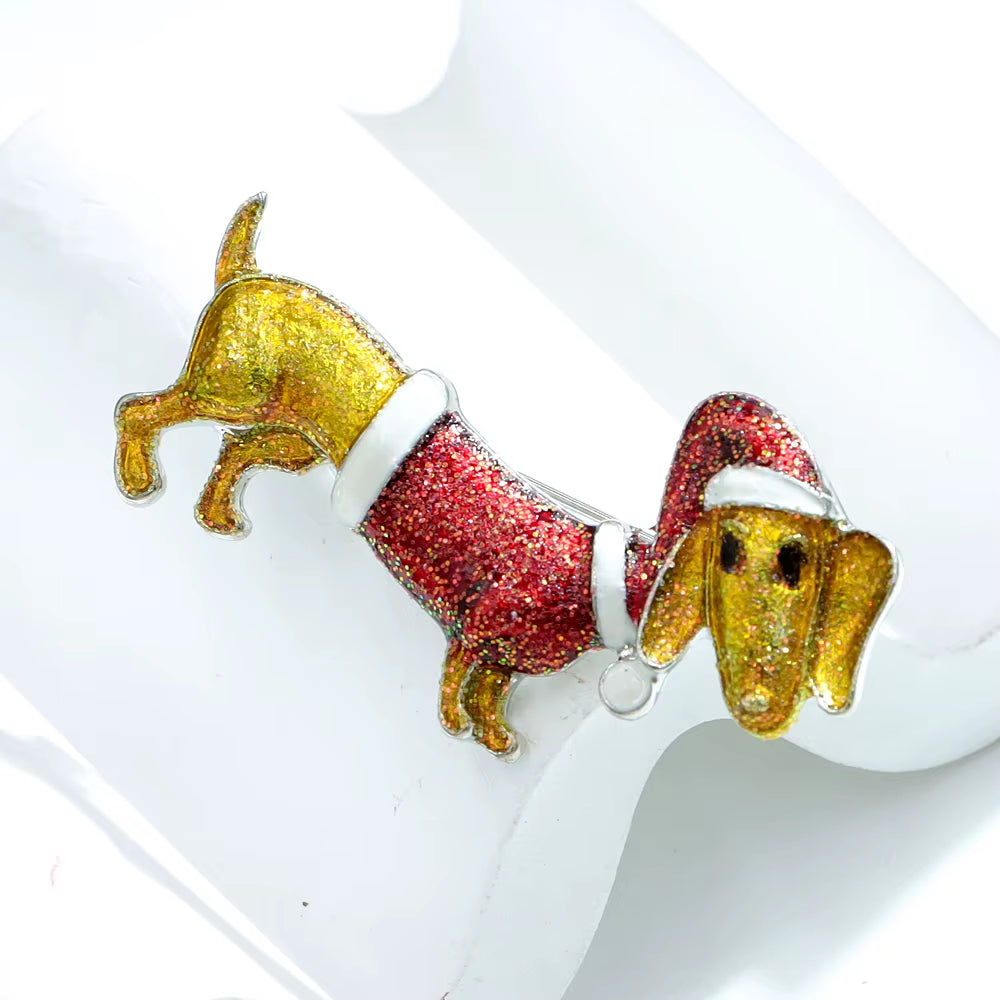 Enamel Dog Puppy with Christmas Hat Brooch Animal Christmas Pin