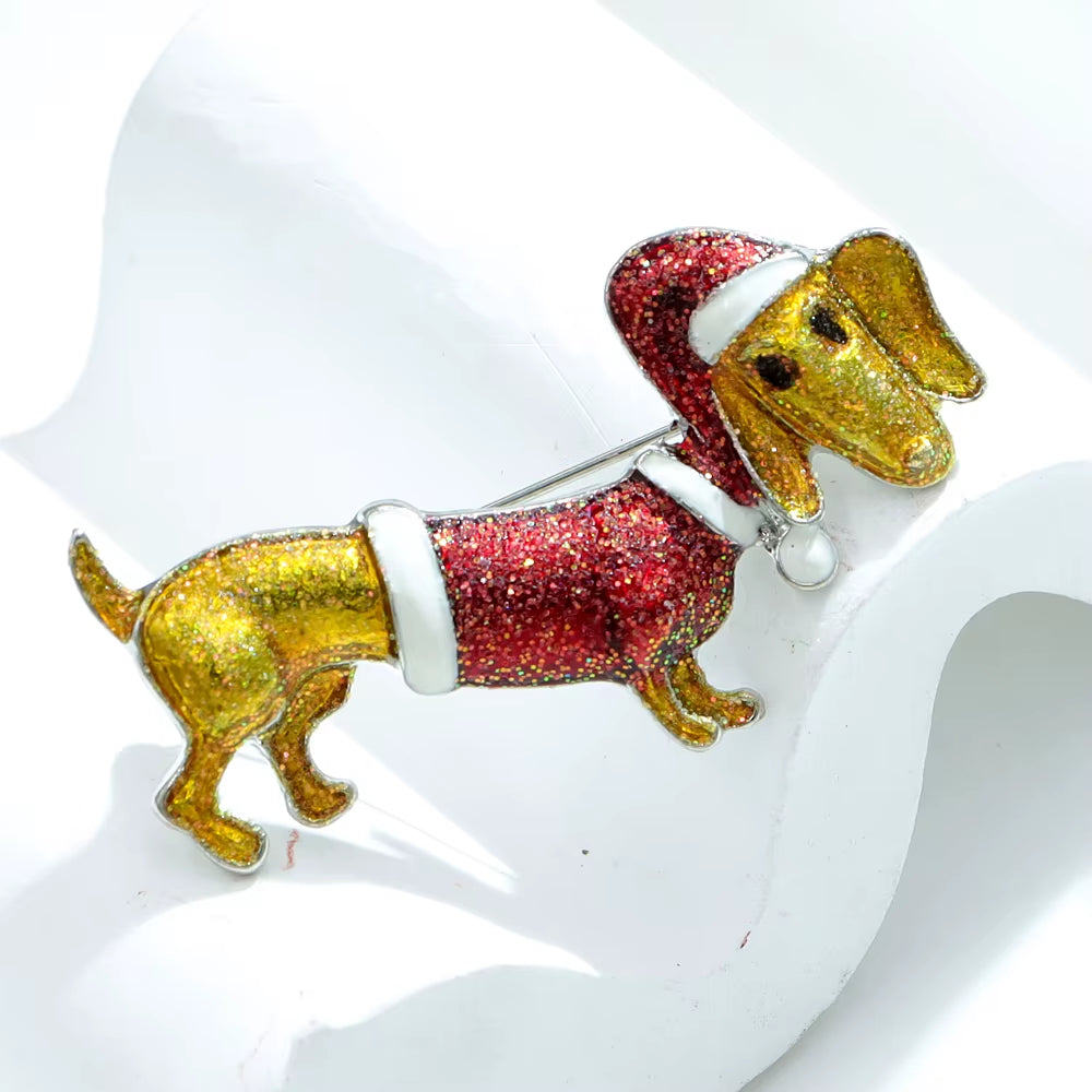 Enamel Dog Puppy with Christmas Hat Brooch Animal Christmas Pin
