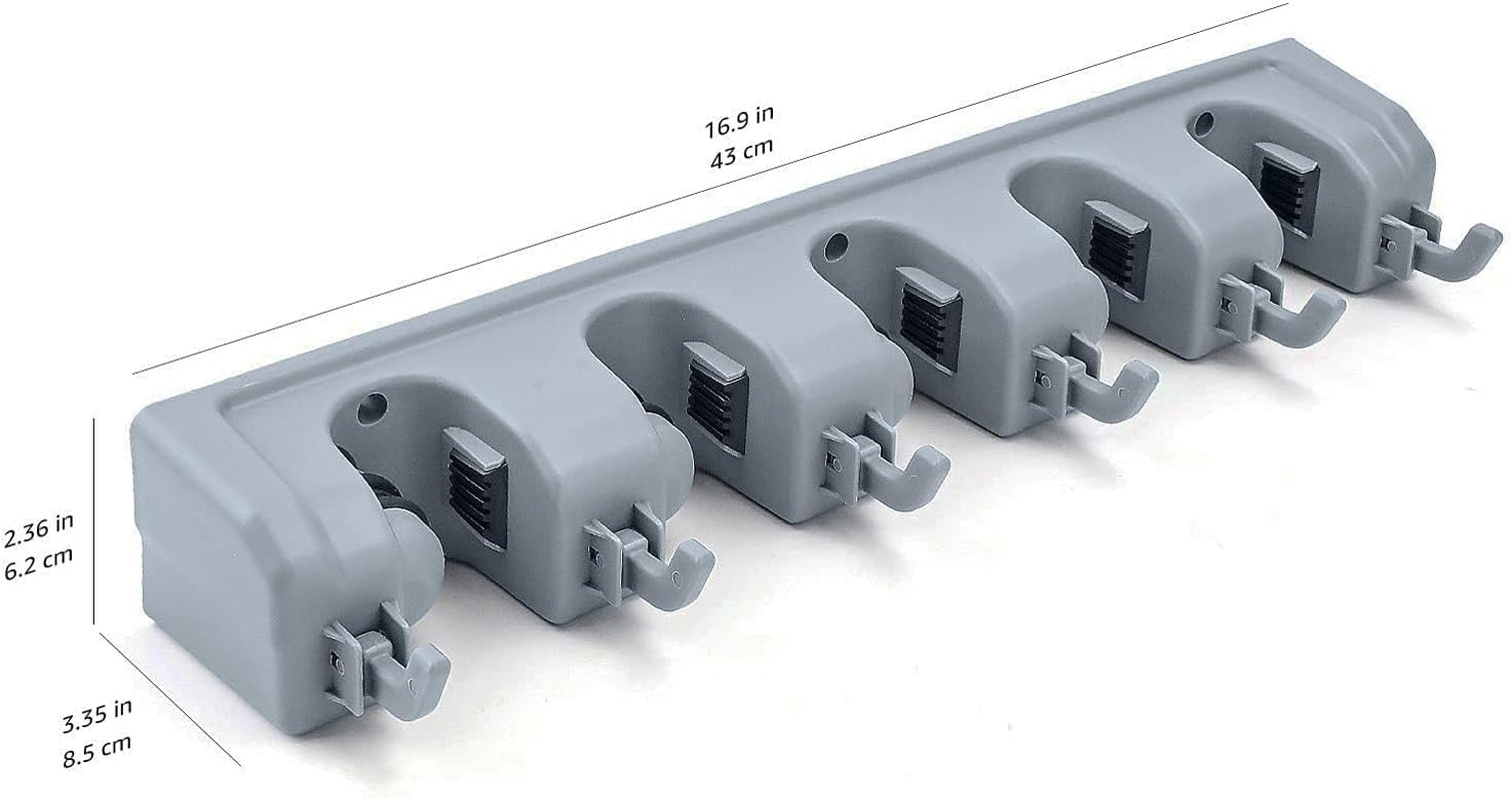Amazon Basics Rectangular Wall Mount Broom Holder and Garden Tool Organizer, 6 Hook and 5 Slot, 43 X 8.5 X 6.2 Cm, Gray
