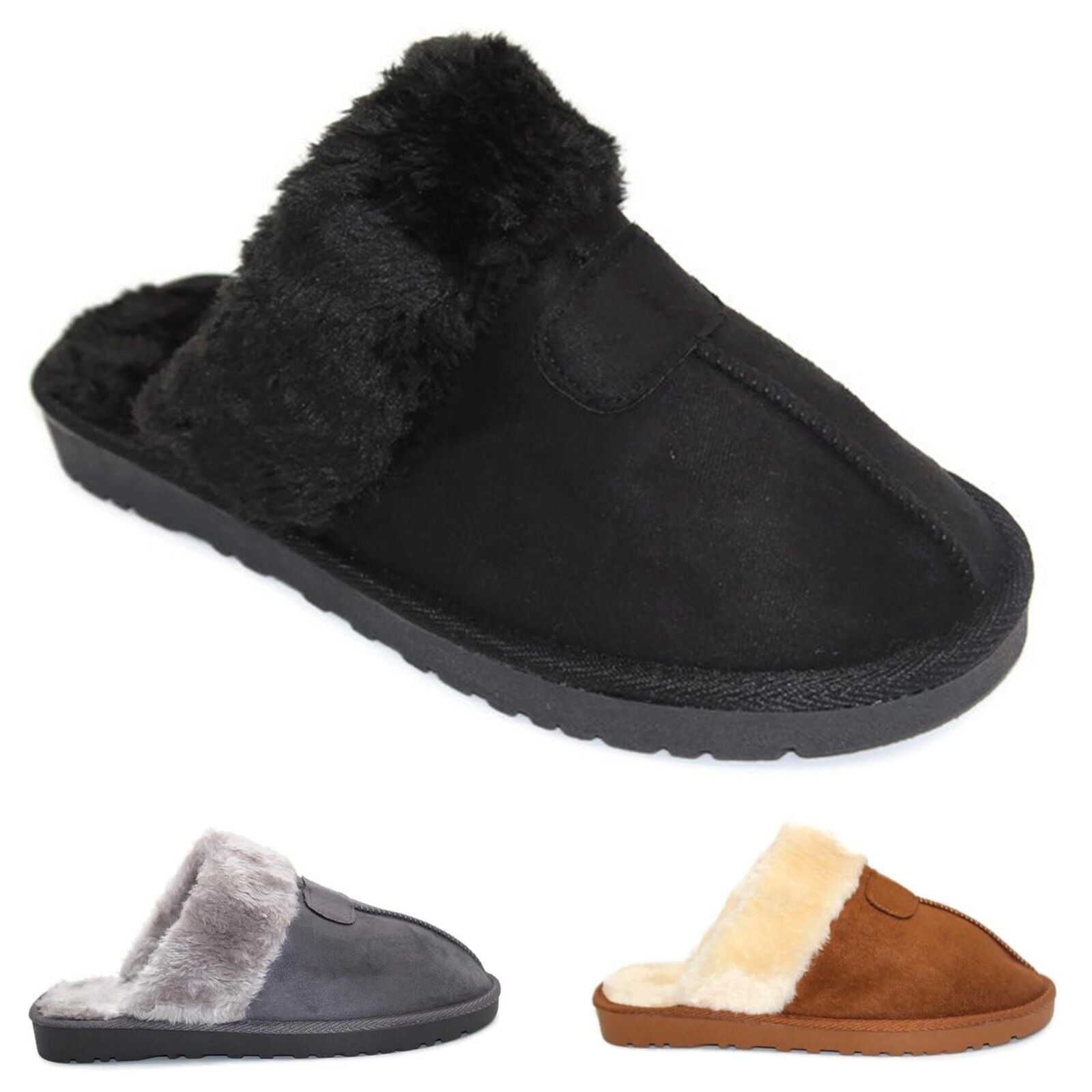 WOMENS LADIES FAUX FUR LINED SLIP on COMFY WARM WINTER SLIPPERS MULES SHOES