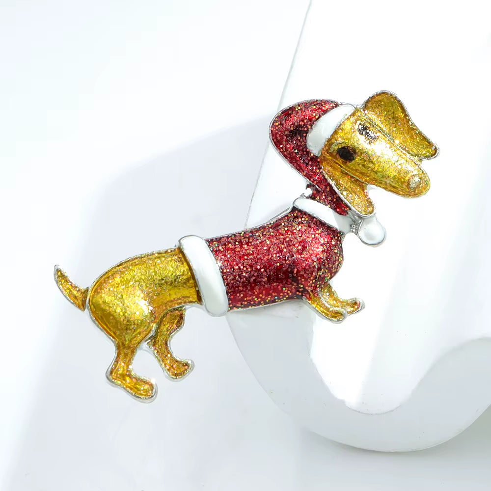 Enamel Dog Puppy with Christmas Hat Brooch Animal Christmas Pin