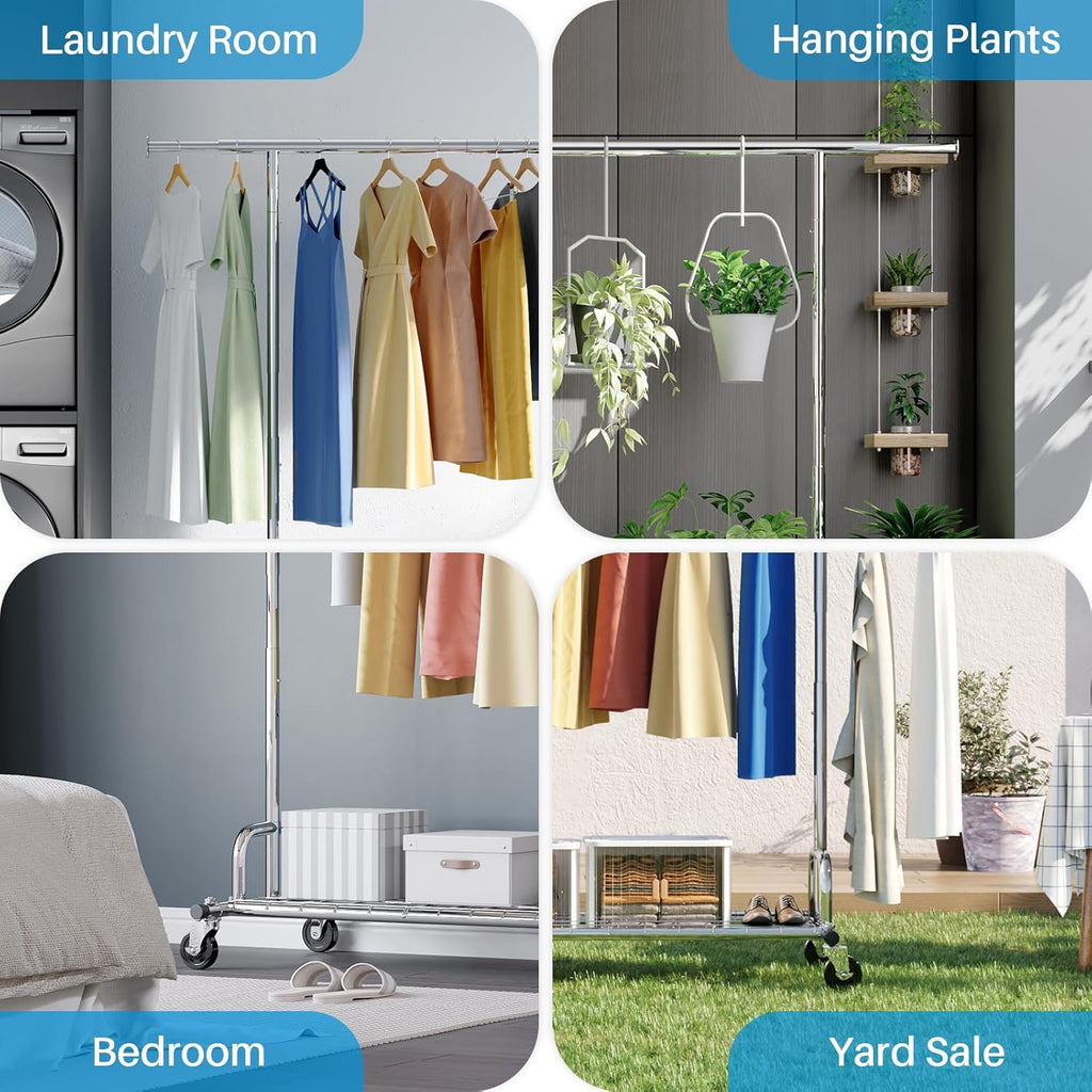 Heavy Duty Clothes Rail 238Kg (525Lbs) Capacity, Extendable Hanging Rack with Lockable Wheels & Shelves, Space Saving for Bedroom, Apartment, Laundry Room,Silver