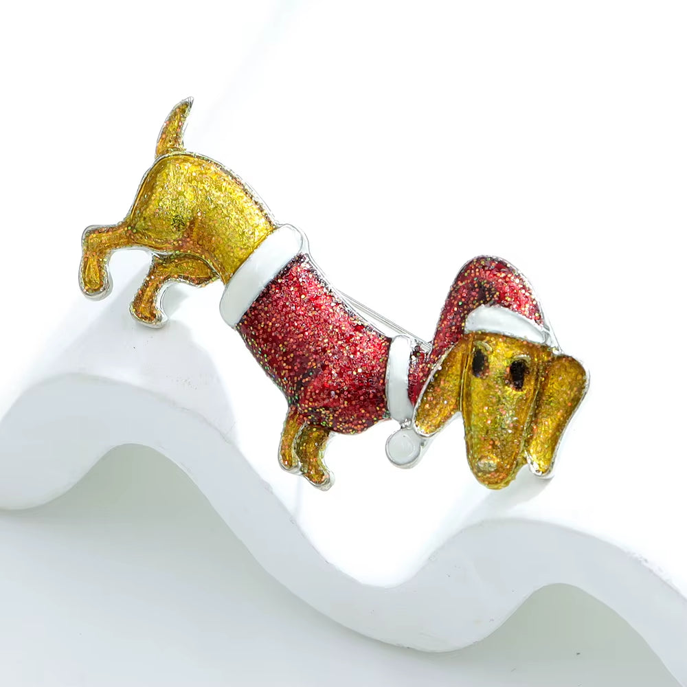 Enamel Dog Puppy with Christmas Hat Brooch Animal Christmas Pin