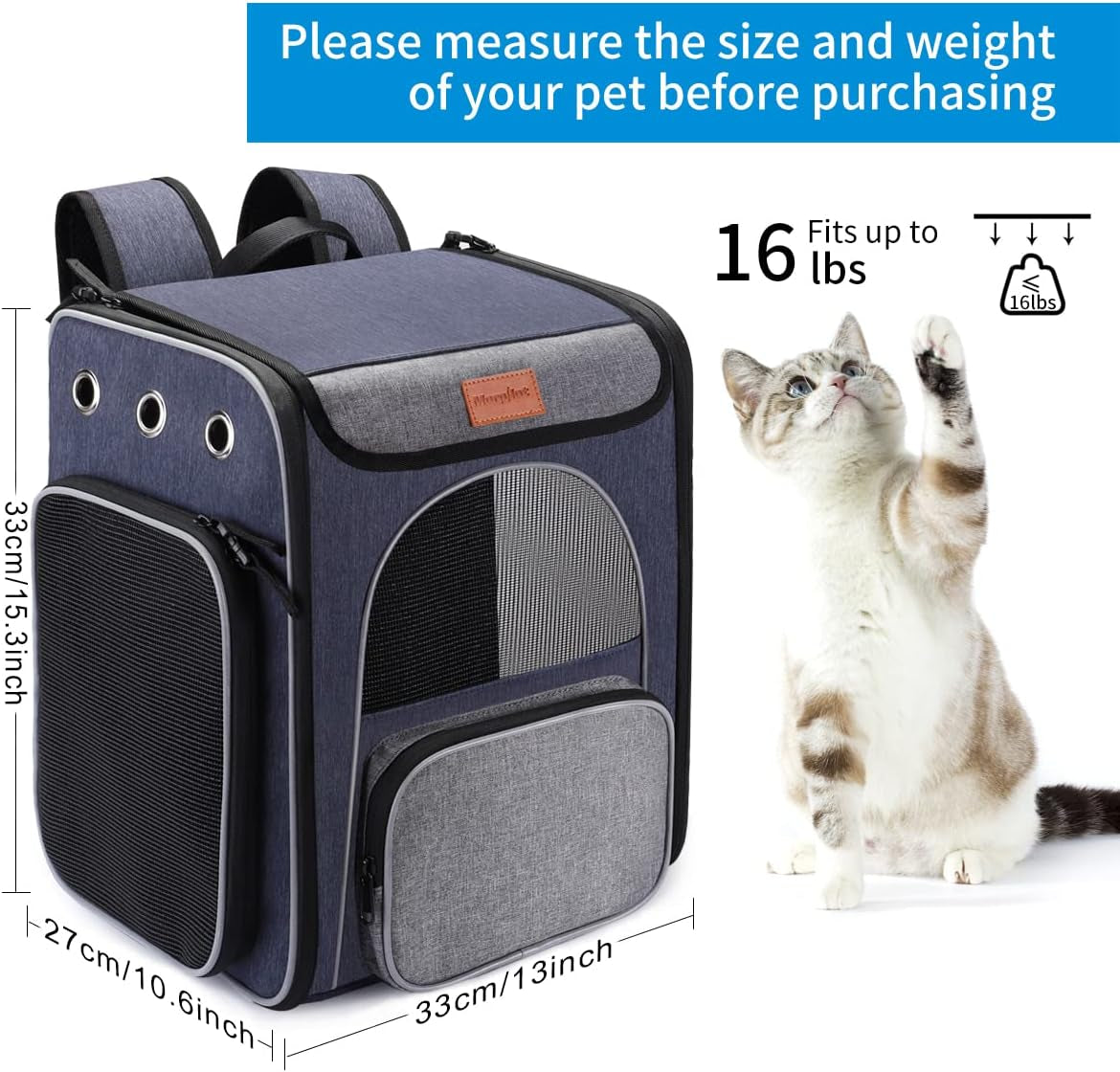 Morpilot® Cat Carrier Backpack, Foldable Pet Backpack Carrier for Cats & Small Dogs, Breathable Dog Carrier Backpack with Inner Safety Leash + Folding Bowl Ideal for Travel Camping Hiking