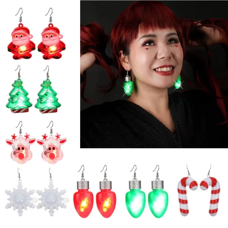 LED Christmas Earrings Glowing Light up Earrings Santa Reindeer Snowman Christmas Tree Dangle with Lights for Party Women