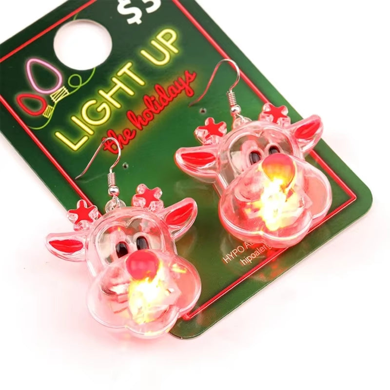 LED Christmas Earrings Glowing Light up Earrings Santa Reindeer Snowman Christmas Tree Dangle with Lights for Party Women