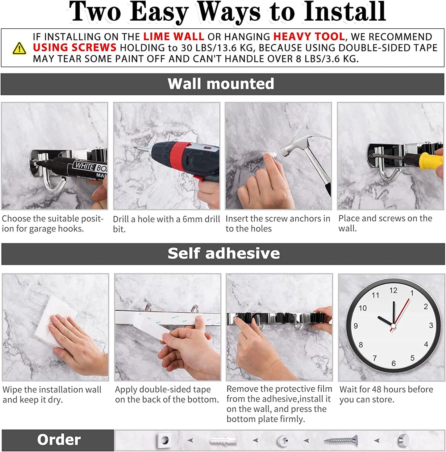 5 Holders+4 Hooks Broom Holder Wall Mounted with Nails Installation, Heavy Duty Stainless Steel Mop Holder, Brush Mop and Broom Storage Self Adhesive