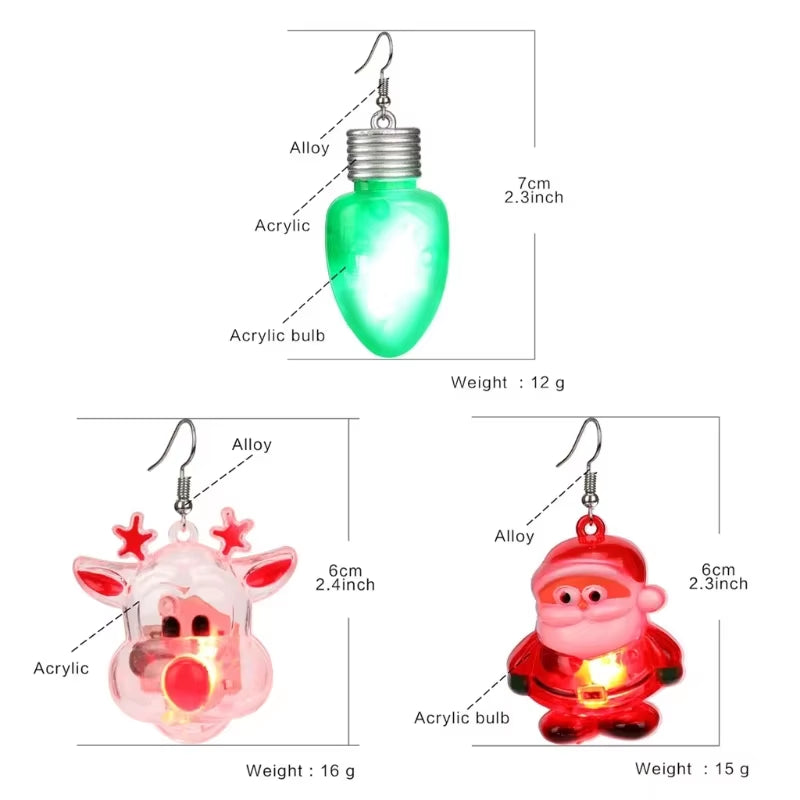 LED Christmas Earrings Glowing Light up Earrings Santa Reindeer Snowman Christmas Tree Dangle with Lights for Party Women