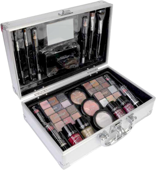 , 43-Piece Complete Makeup Kit, Includes Lipsticks, Eyeshadows, Blush, Nail Polish, Mirror and Make up Brushes, Portable Lightweight Metal Train Case, Bon Voyage