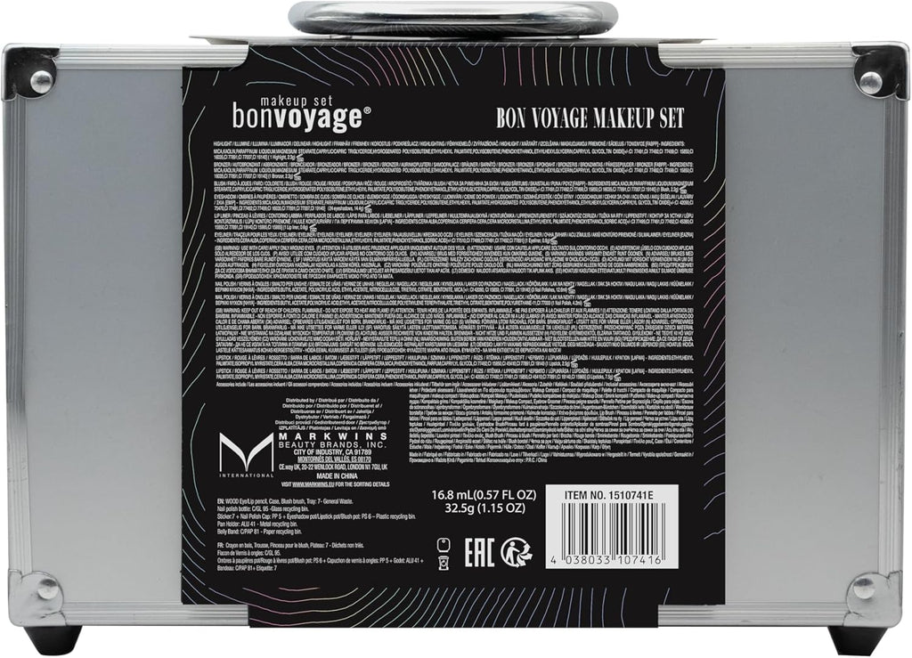 , 43-Piece Complete Makeup Kit, Includes Lipsticks, Eyeshadows, Blush, Nail Polish, Mirror and Make up Brushes, Portable Lightweight Metal Train Case, Bon Voyage