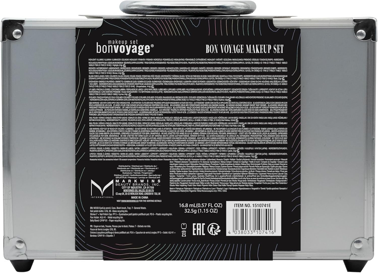 , 43-Piece Complete Makeup Kit, Includes Lipsticks, Eyeshadows, Blush, Nail Polish, Mirror and Make up Brushes, Portable Lightweight Metal Train Case, Bon Voyage